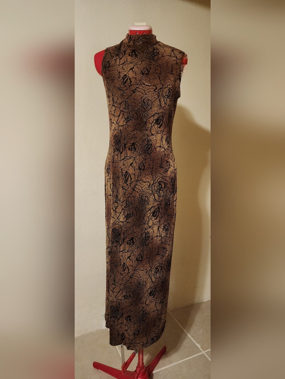 VTG Los Angeles Co Rhinestone Bronze Gold Metallic Floral Maxi Dress 10